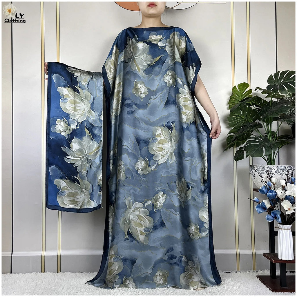 Dubai Printed Silk Maxi Dress with Turban – Loose Casual Islamic Fashion for Women