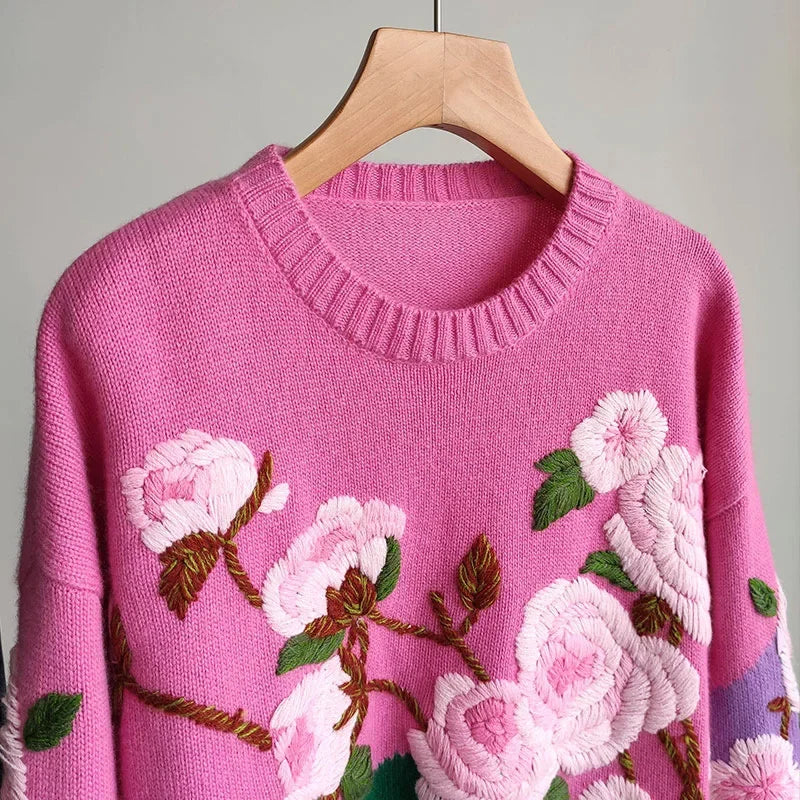 Autumn European-Style Fluffy Flower Sweater – Loose Crew Neck Top