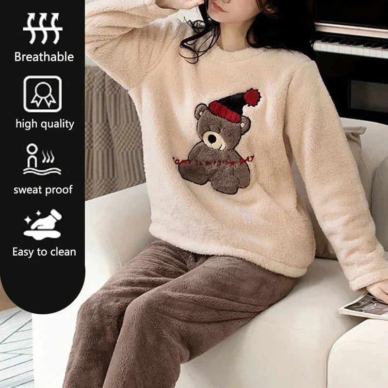 Women’s Flannel Cartoon Bear Loungewear – Long Sleeve & Trouser Two-Piece Set