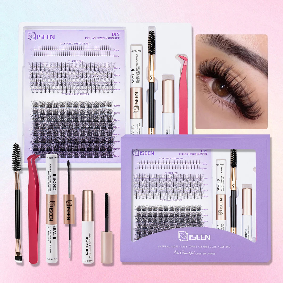 ISEEN DIY Lash Extension Kit – Mixed Styles, Clusters, Includes Bond & Seal, Tweezers & Brush