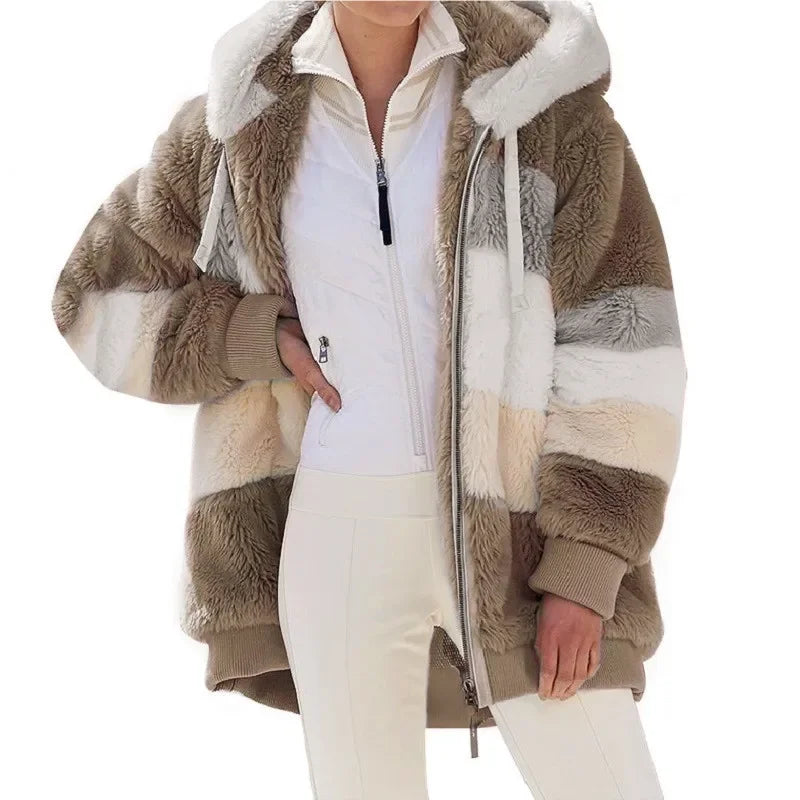 Veste Femme Oversize Polaire – Capuche, Zippée, Poches, Patchwork, Automne/Hiver, Confortable