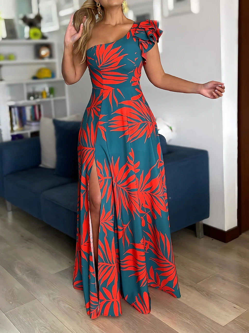 One-Shoulder Tropical Maxi Dress for Women