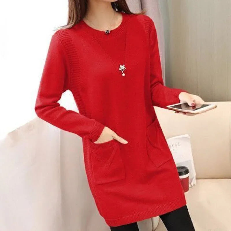 Pull Femme Tricot Mi-Long – Coupe Ample, Doublé Polaire, Style Coréen