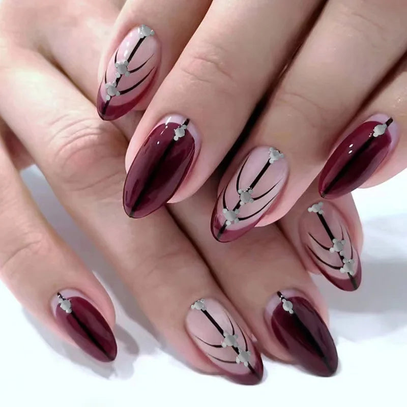 Medium Acrylic Almond Fake Nails – Removable Press-On, French Style, Europe/USA Design