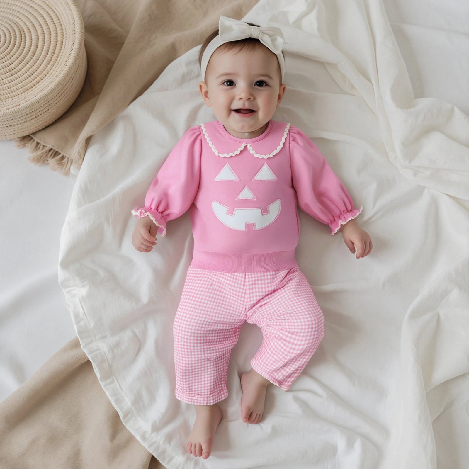 Toddler Girl Halloween Outfit – 2-Piece, Pumpkin Embroidery, Long Sleeve Top & Plaid Pants