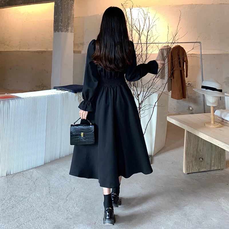 Women Black Square Collar Long Dress Elegant Retro Loose Spring/Autumn