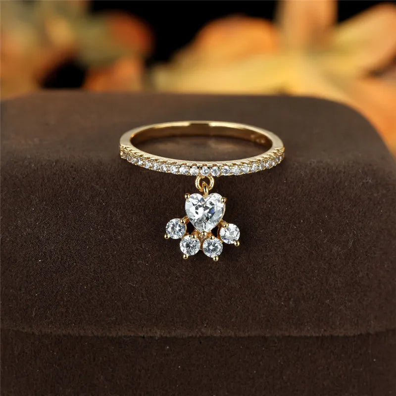 Vintage Gold Silver Color Animal Footprint Ring Cute Cat Paw Dog Claw Pendant Ring White Zircon Love Heart Stone Rings For Women