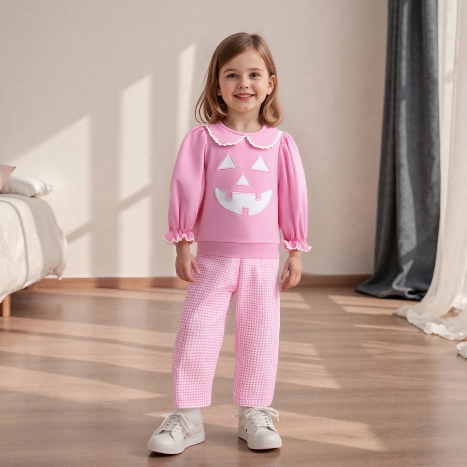 Toddler Girl Halloween Outfit – 2-Piece, Pumpkin Embroidery, Long Sleeve Top & Plaid Pants