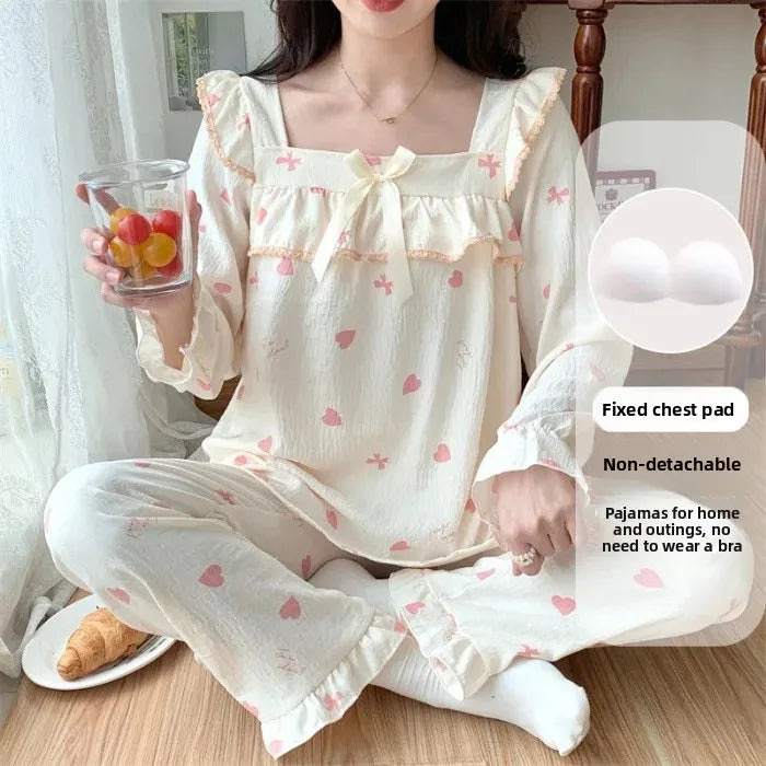Cloud Cotton Women's Sleepwear Set – Long Sleeve Top & Pants with Chest Pad and Lace Detail