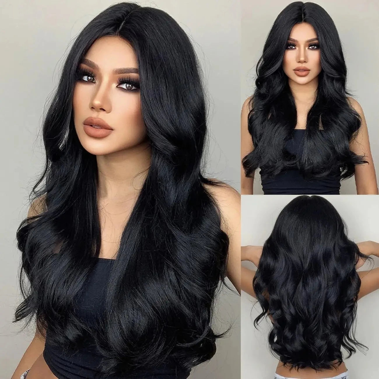 Black Synthetic Wig – Long Wavy, Middle Part, Heat-Resistant, Party & Daily Use