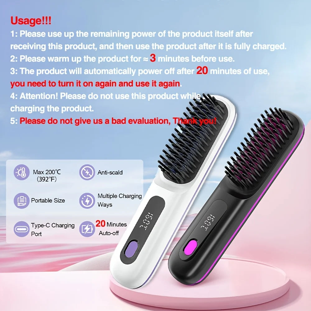 Cordless Hair Straightener Brush – Hot Comb, USB Type-C, Anti-Scald, Rechargeable