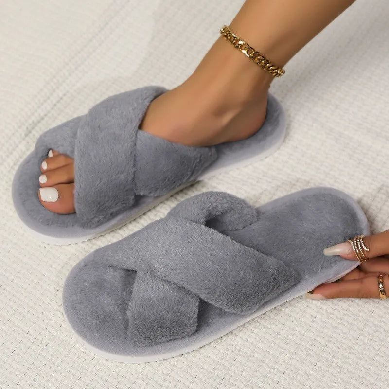 Cross Band Fluffy Fur Slippers – Cozy Open Toe Indoor Shoes for Women