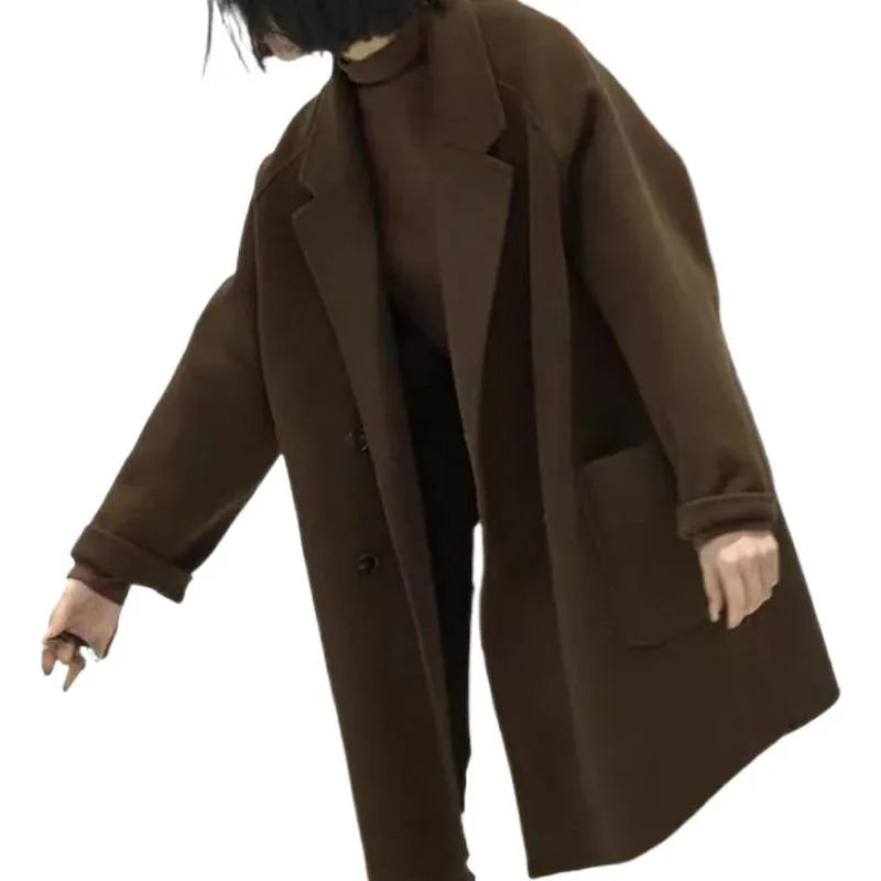 Veste Femme Grande Taille Mi-Longue – Laine Double-Face, Simple Boutonnage, Coupe Large, Style Coréen, Col Costume