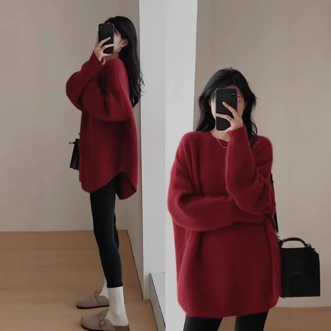 White Pull Femme Tricot – Loose Long Sleeve, Autumn/Winter, Lazy Style, Polyester Fiber