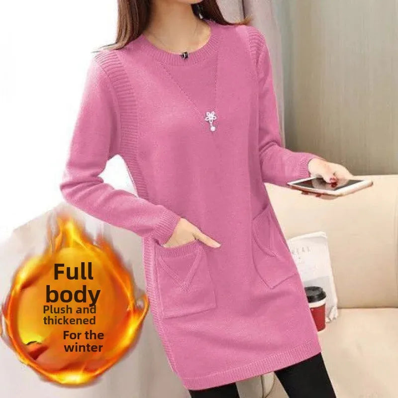 Pull Femme Tricot Mi-Long – Coupe Ample, Doublé Polaire, Style Coréen