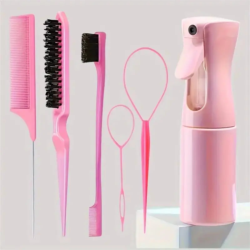 6PCS Hair Brush Set – Spray Bottle, Braiding Loop, Rat Tail Comb, Teasing & Edge Control Brushes