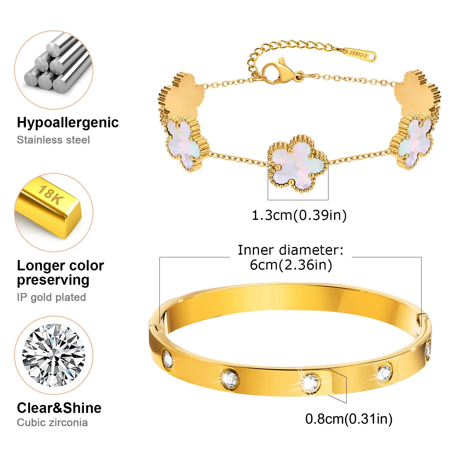 13mm Clover Stainless Steel Bracelet Set – Women’s Gift