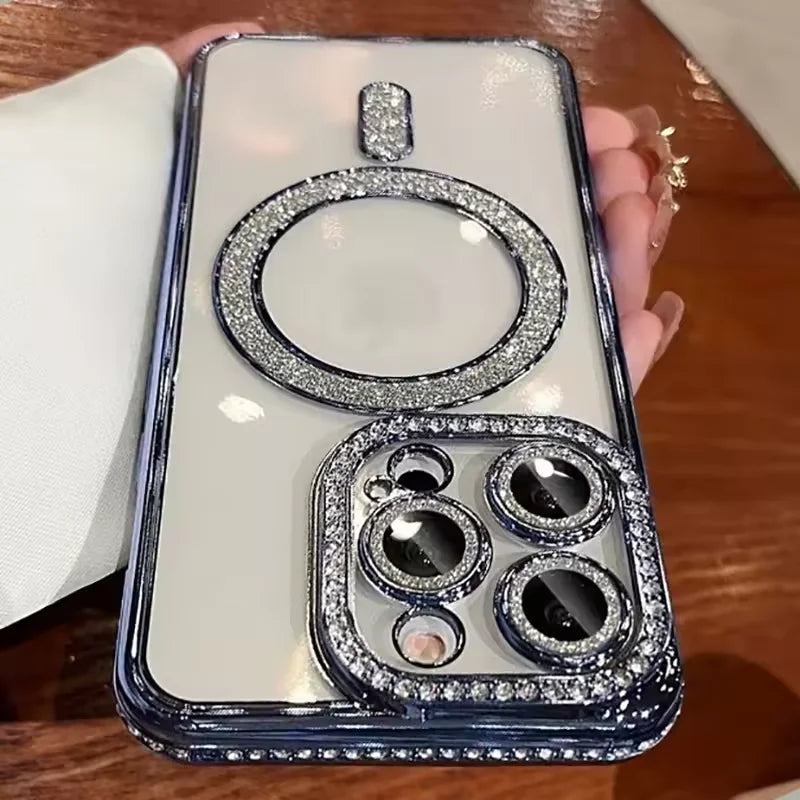 Glitter Diamond Transparent iPhone Case – Magnetic Wireless Charging Compatible