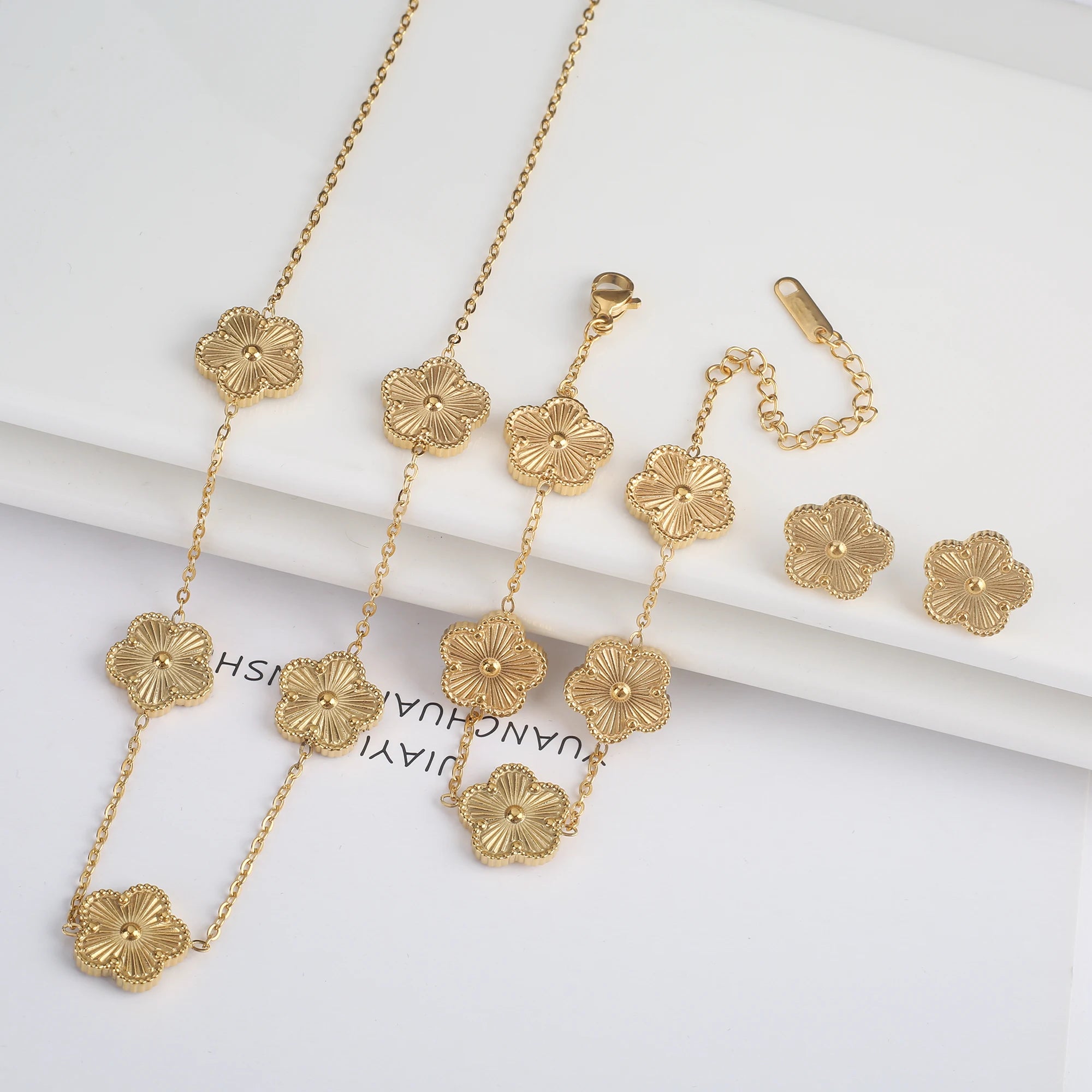 Clover Five Leaf Flower Stainless Steel Jewelry Set
Luxury Bracelet, Necklace & Earrings for Women