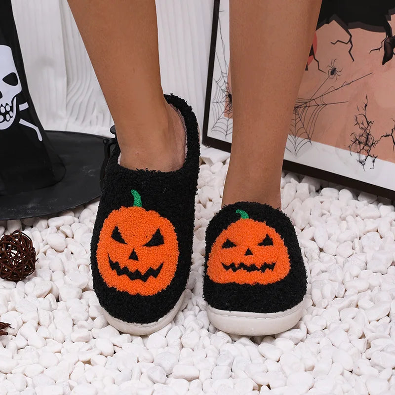 Cozy Halloween Pumpkin Plush Slippers – Women's Non-Slip Indoor Winter Slides