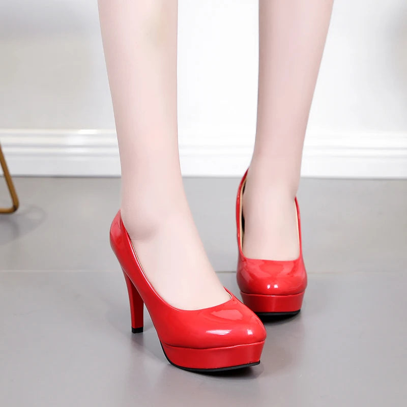 Beige waterproof platform high heels women's spring and autumn patent leather sexy round toe stiletto wedding shoes 10cm Size 42