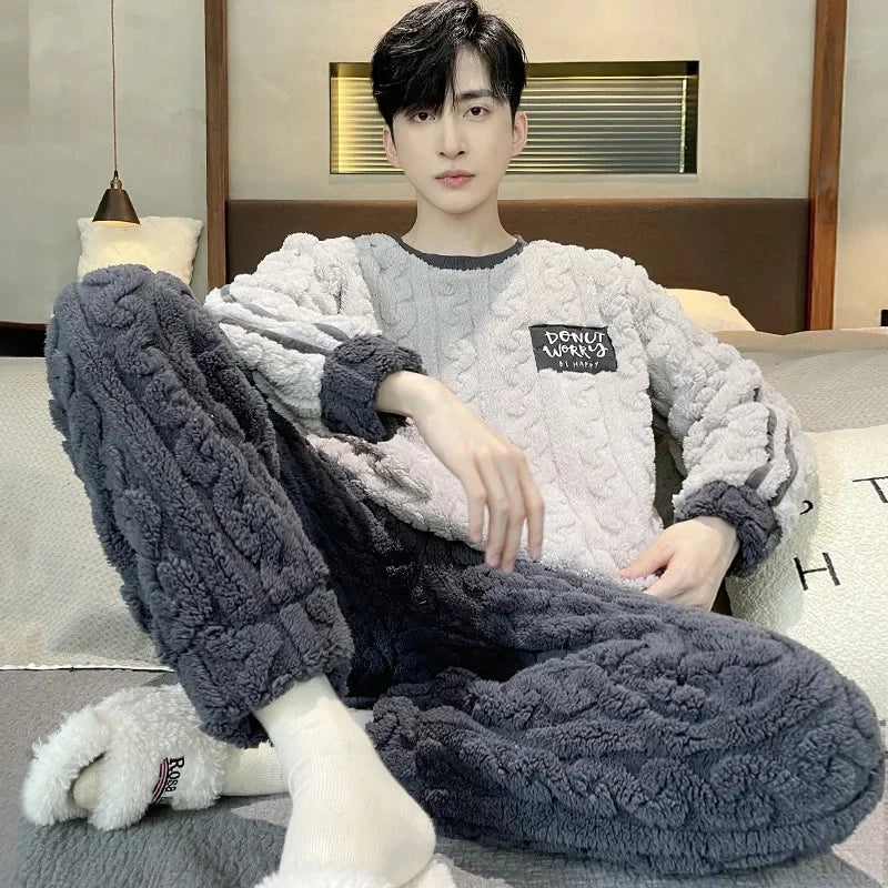 Men's Coral Fleece Pajamas – Thickened, Warm, Two-Piece, Autumn/Winter