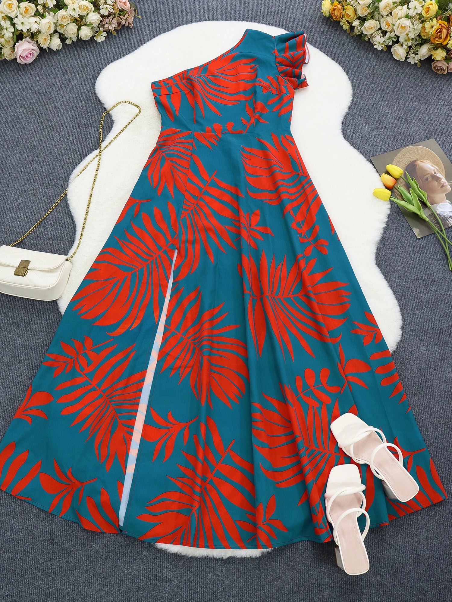 One-Shoulder Tropical Maxi Dress for Women