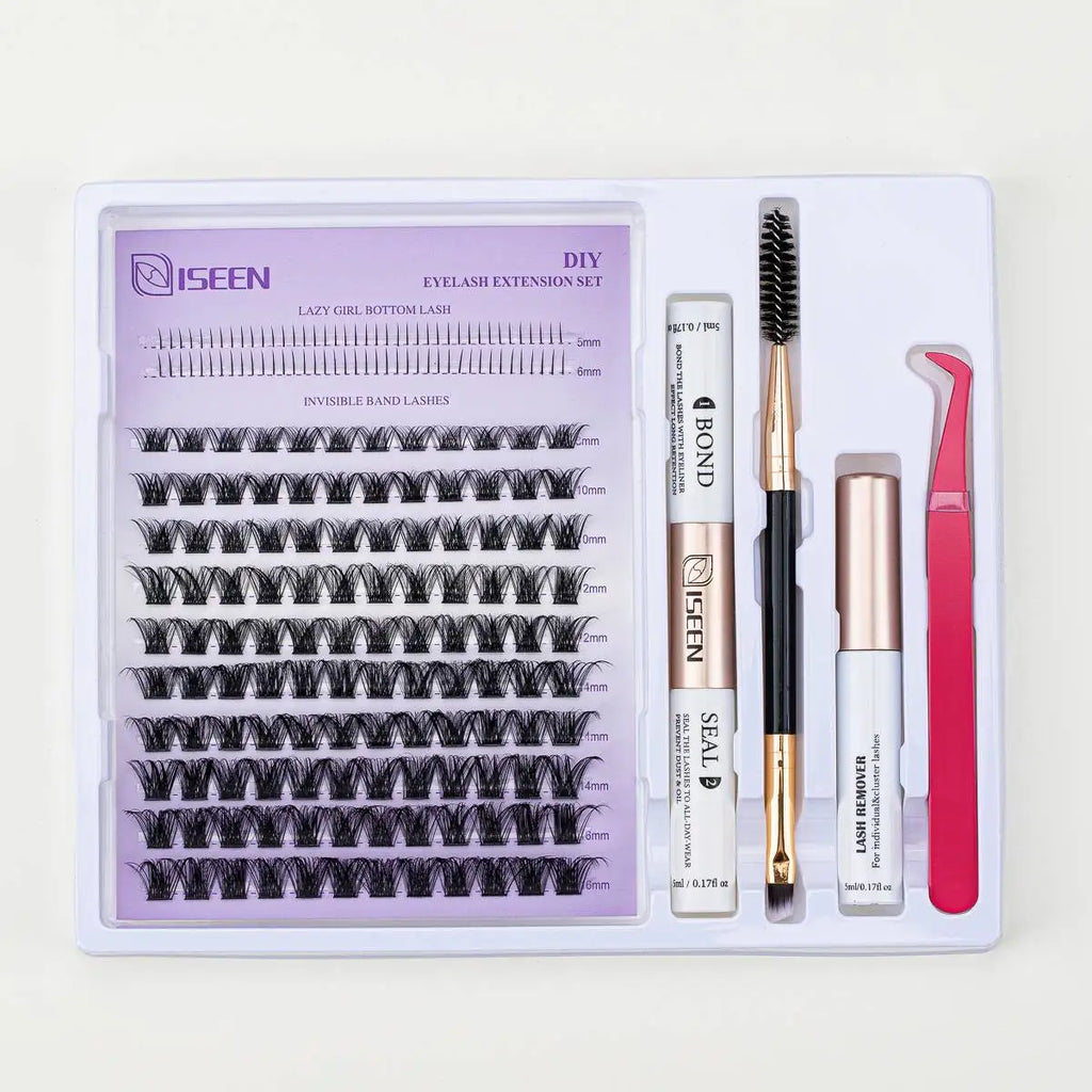 ISEEN DIY Lash Extension Kit – Mixed Styles, Clusters, Includes Bond & Seal, Tweezers & Brush