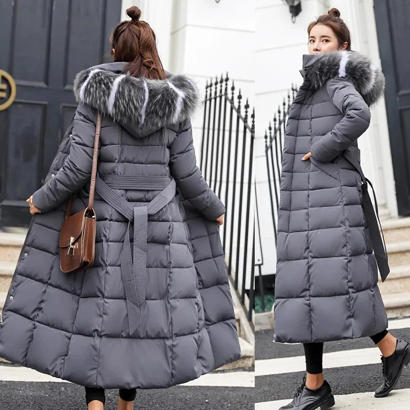 Veste Femme Coréenne Épaissie – Longue, Col Fourrure, Slim, Capuche, Coton Hiver