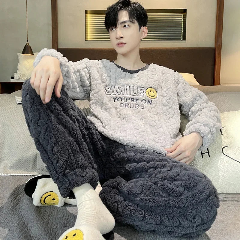 Men's Coral Fleece Pajamas – Thickened, Warm, Two-Piece, Autumn/Winter