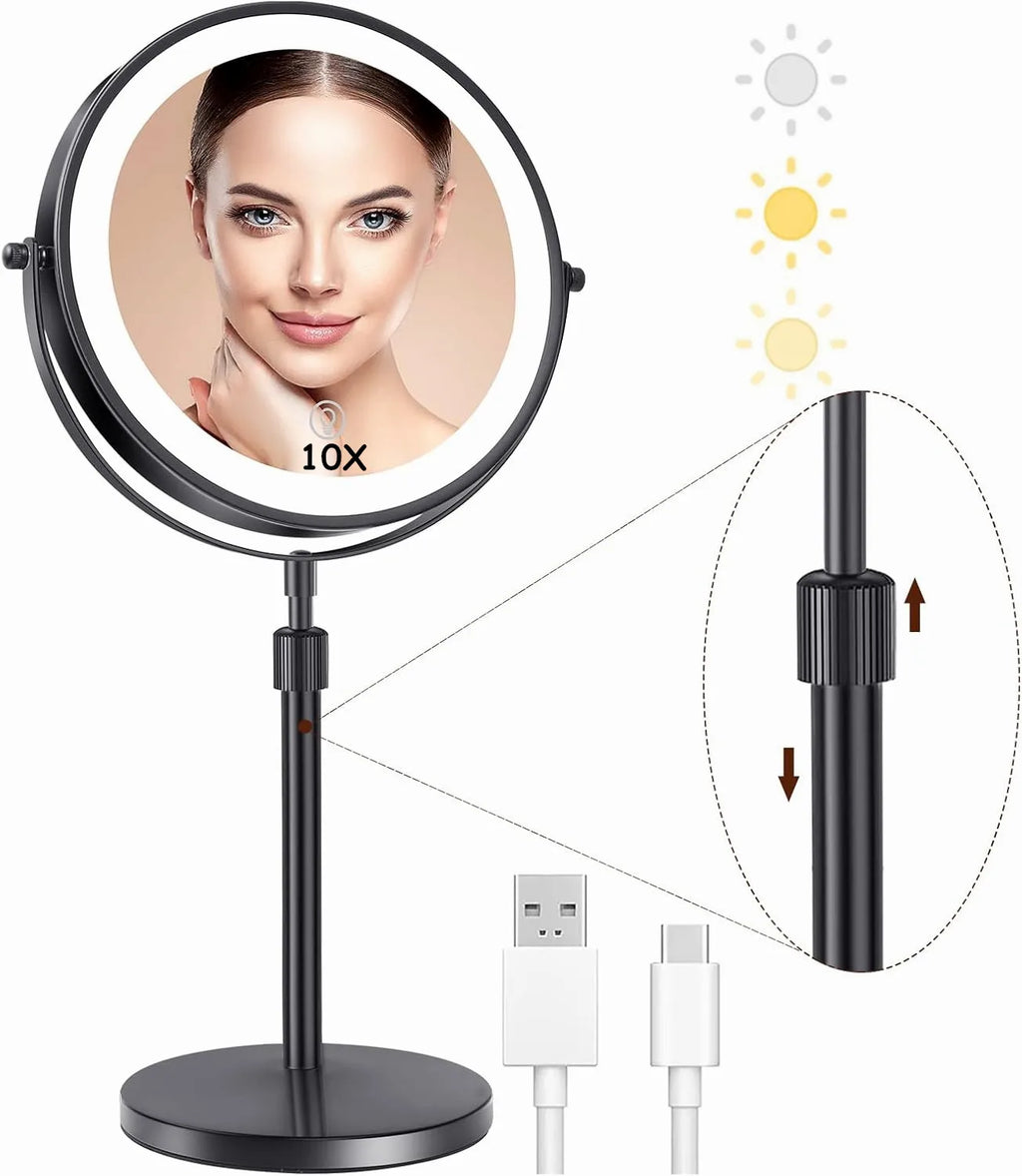 3-Color LED Makeup Mirror – 10X Magnification, 8 Inch, Adjustable Brightness & Height