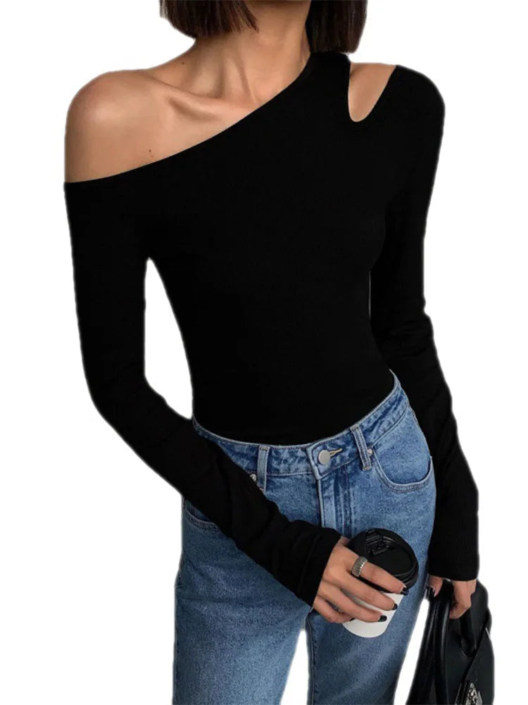 Women’s Off-Shoulder Long Sleeve Crop Top – Slim Fit Hollow Out Tee