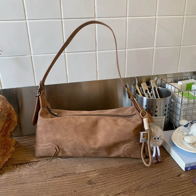 Trendy Suede Leather Underarm Bag – Retro Motorcycle Style for Women