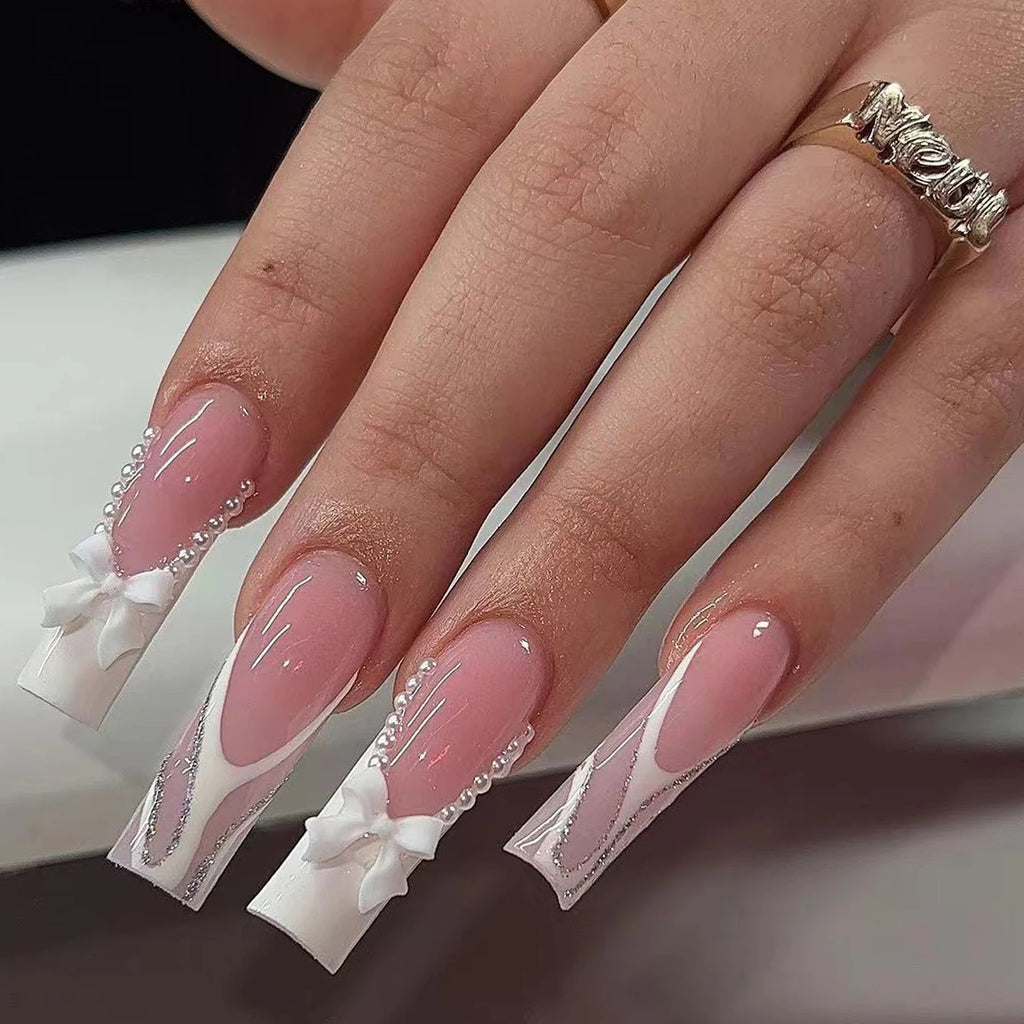 ARTAUG 24PCS Press-On Nails – Medium Stiletto, Pink Bowknot, French Trim, Full Cover