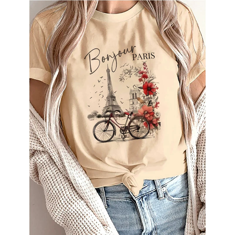 Casual Women's Short Sleeve Graphic T-Shirt – "Bonjour Paris" Print