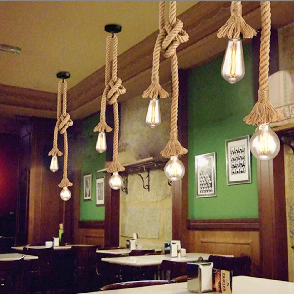 💡 Vintage Hemp Rope Pendant Light – Style Industriel Loft Décor