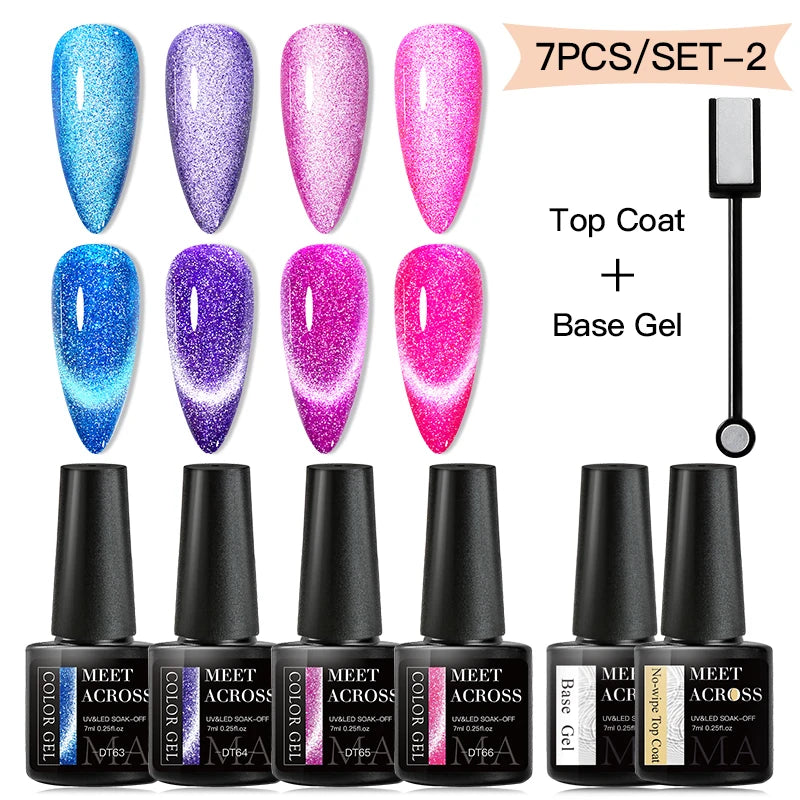 MEET ACROSS 7PCS Cat Magnetic Gel Nail Kit – Semi-Transparent Blue, Sparkling, UV Soak-Off