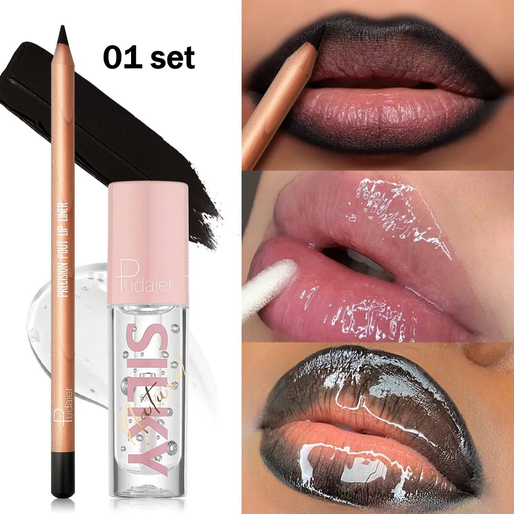 Black Lip Liner & Clear Lip Gloss – Waterproof, Long-Lasting, Sexy Look