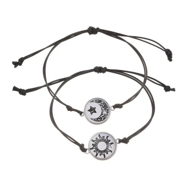 Sun & Moon Luminous Stainless Steel Couples Bracelet Set – Black Rope