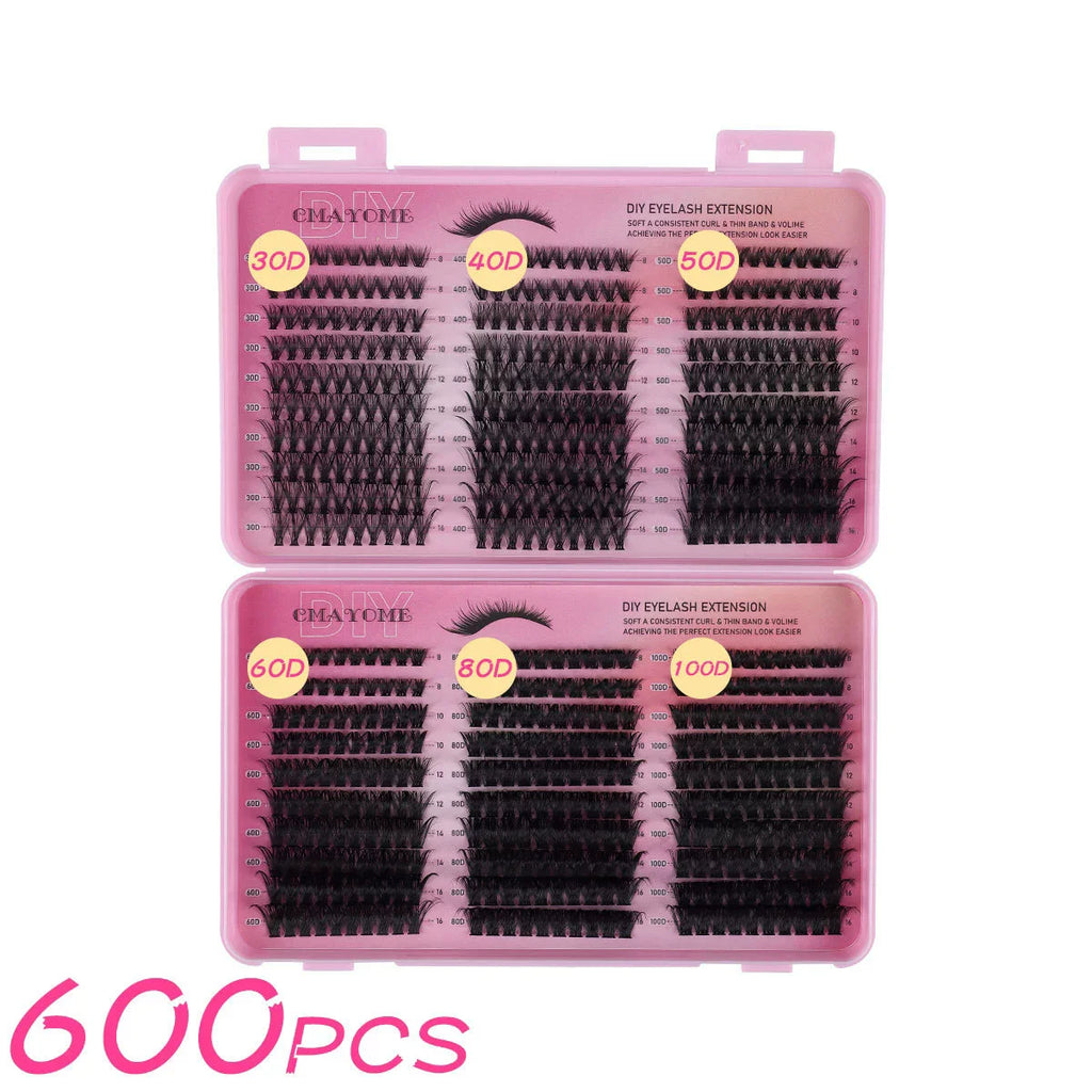 600PCS Eyelash Extensions – Thick Fluffy, 30D/100D, Mixed Length, DIY Cluster Lashes
