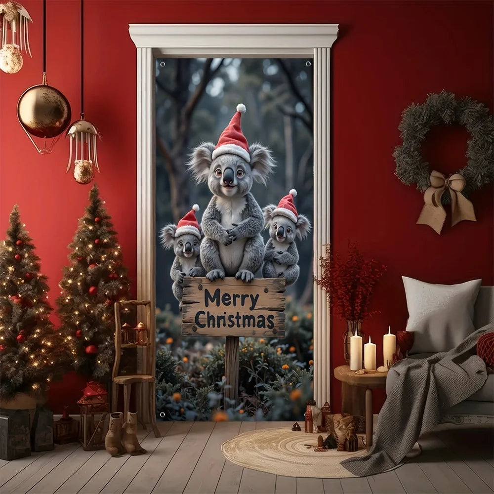 🧸 Festive Koala Christmas Door Banner – Rideau de Noël Joyeux