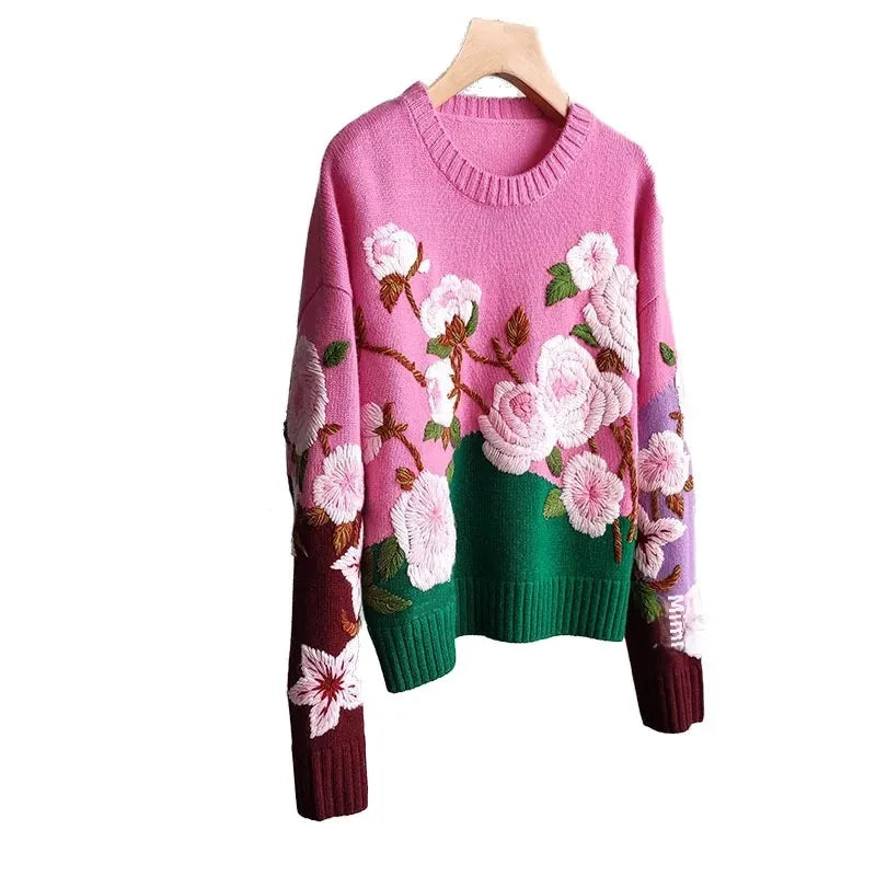 Autumn European-Style Fluffy Flower Sweater – Loose Crew Neck Top