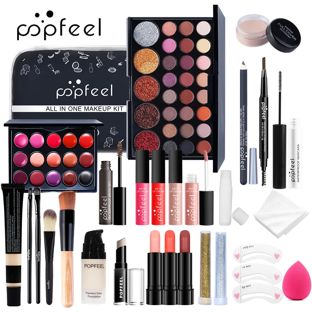 All-in-One Makeup Kit – Full Set, Nude Eyeshadow, Foundation, Primer, Brushes & Lip Gloss, Gift for Women & Teens