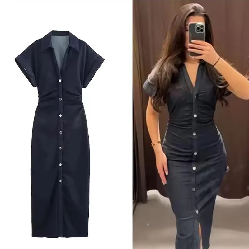 Women's Denim Ruched Midi Dress – Spring/Summer 2025 Casual Streetwear