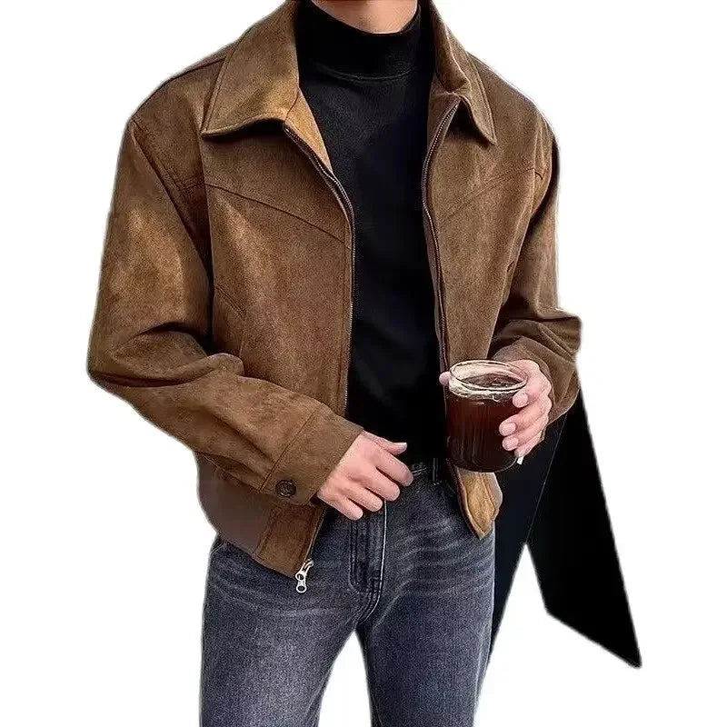 Men's Vintage Leather Jacket – Chamois, Brown Coffee, Cropped Lapel, Autumn/Winter, American Style