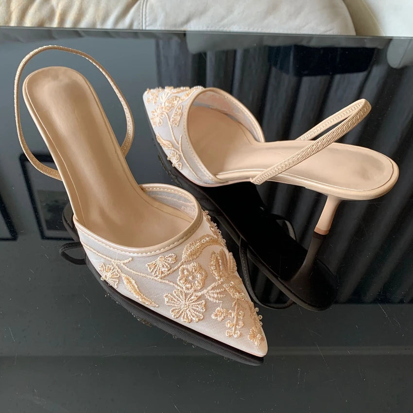 Designer White Mesh Floral Slingback High Heels – Women’s Wedding Pumps