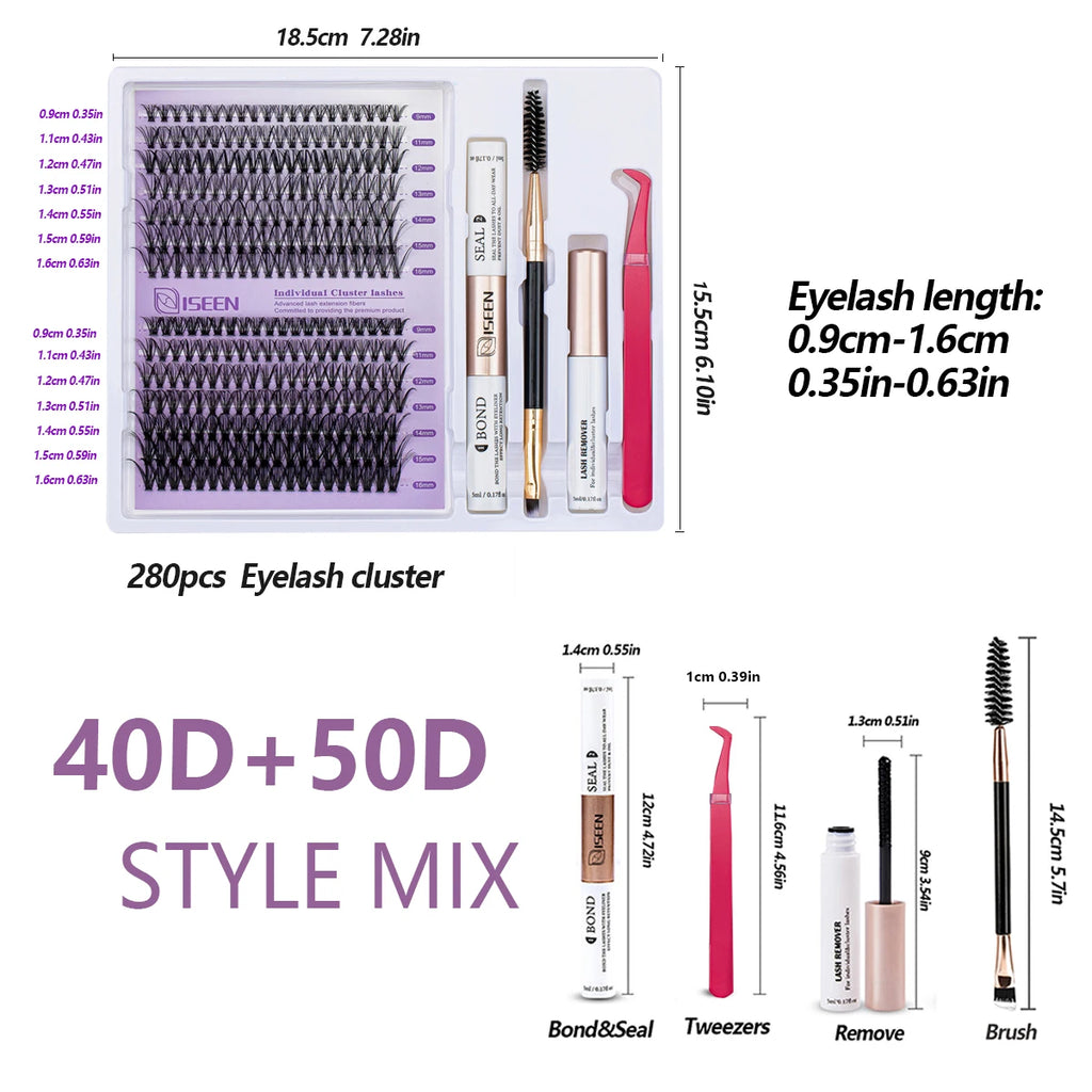 ISEEN DIY Lash Extension Kit – Mixed Styles, Clusters, Includes Bond & Seal, Tweezers & Brush