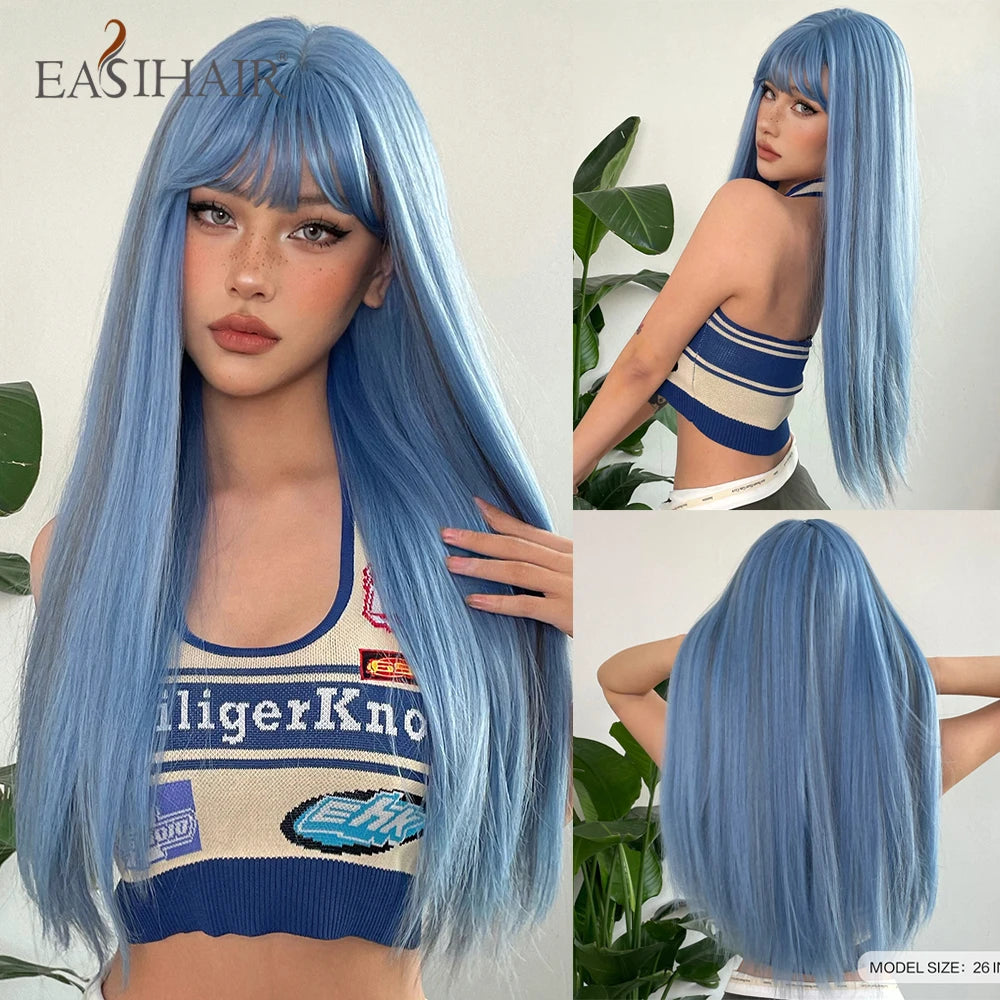 EASIHAIR Long Black Wig – Silky Straight, Bangs, Cosplay/Party, Heat-Resistant