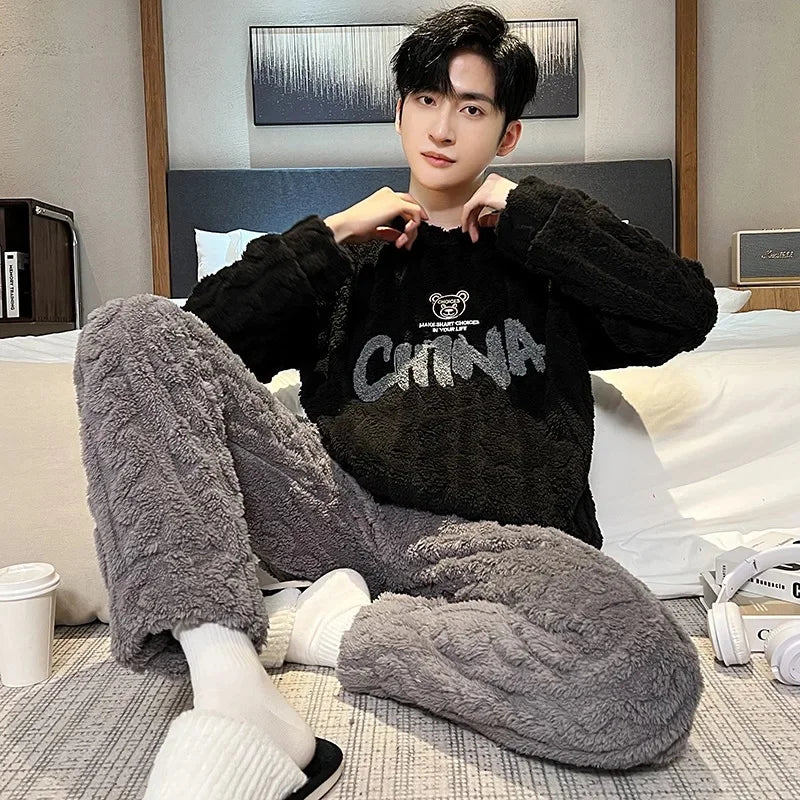 Men's Coral Fleece Pajamas – Thickened, Warm, Two-Piece, Autumn/Winter