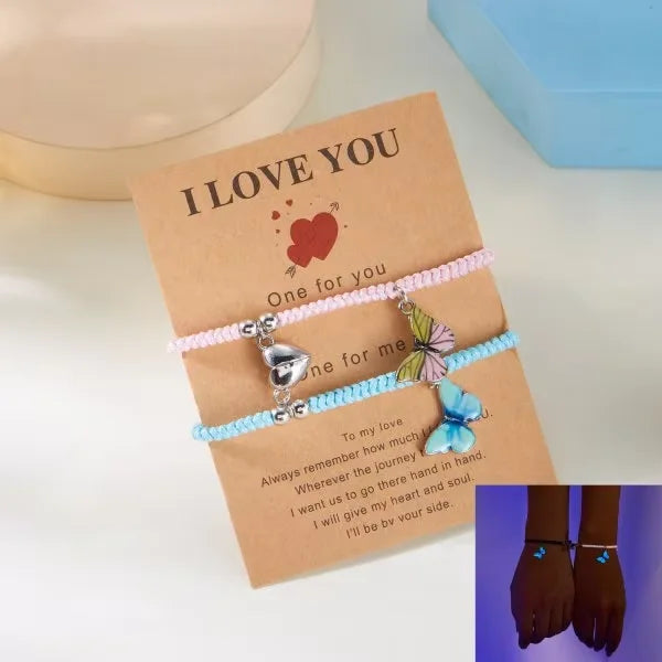 Butterfly Luminous Pendant Bracelet Set – Couples Black Rope